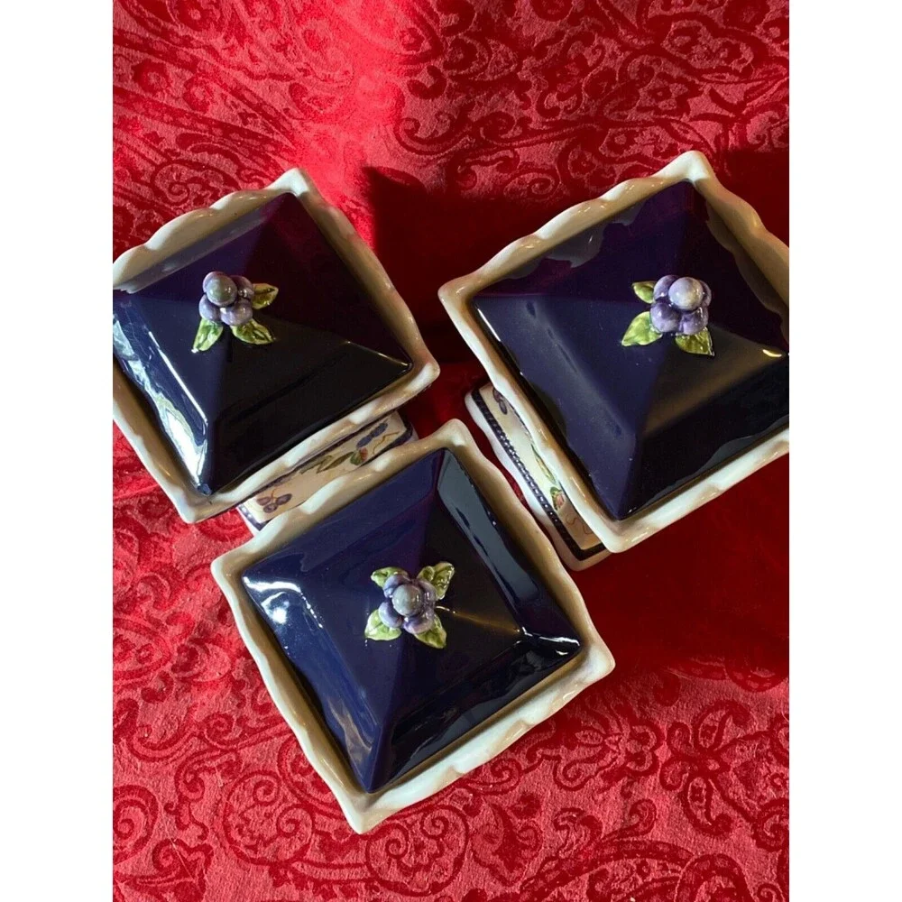 Vintage Set of 3 Capriware Canisters Hand Painted Grapes Berries Covered Jars